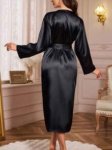 Women Solid Satin Bathrobe Dressing Gown, V‑Neck Open Front Long Sleeve Belted Morning Gown, Elegant Wrap‑Style Loungewear Robe - Black Long-sleeved Long-sleeved - View 3