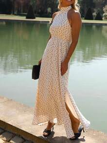 Elegant Women's Sleeveless Backless Polka Dot Maxi Dress, Perfect Summer Slip Dress Style Party ,Petite Women - Apricot - View 1