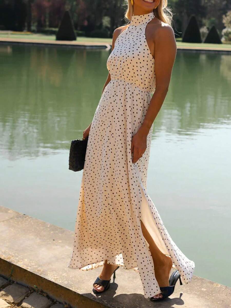 Elegant Women's Sleeveless Backless Polka Dot Maxi Dress, Perfect Summer Slip Dress Style Party ,Petite Women - Apricot - View 1