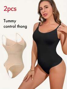 2pcs Seamless Shapewear Bodysuit For Women Summer Elegant - Black + Beige - View 2