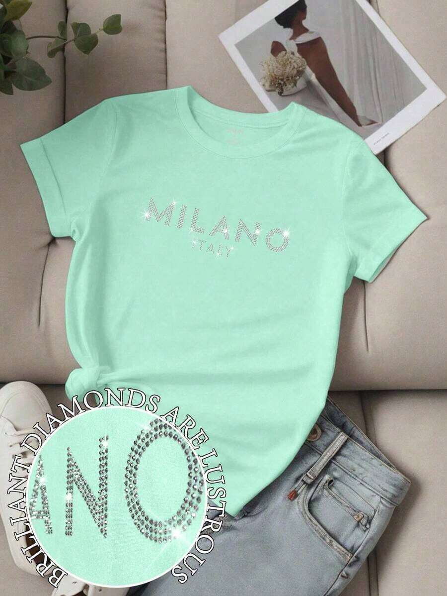 Envío gratis, entrega local enéxico, entrega en 4 días.Camiseta de mujer con estampado, eslogan y letras, manga corta y cuello redondo LOS ANGELES para ropa de Año Nuevo, camisetas gráficas para mujer. - Azul cadete - Ver 1