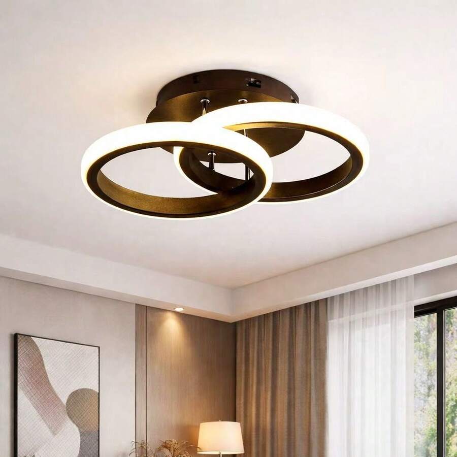 Modern 3-Color LED Ceiling Light, Two-Ring Design, 24cm, Ideal For Hallway, Living Room, Bedroom, And Kitchen. - Black - View 1