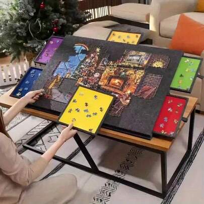 1000/1500 Piece Foldable Puzzle Table, With 6-Color Drawers, Built-In Support, Felt Tabletop, Protective Cover, Provides Ample Space, Suitable For Family Games