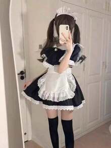 [2026新作] 白黒 メイド服 ロリータ 4点セット可愛い 大きなリボンドレス 40〜60kg コスプレ アニメ エプロン付き ロリィタファッション  ワンピース+エプロン+レースカチューシャ+大リボン コスプレアニメ - ブラック - チェックする 2
