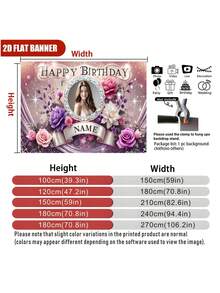 Customizable Photo Name Shiny Romantic Pink Gold Happy Birthday Backdrop, Purple Floral Gold Glitter Crown Gift Box Candle Decor Design, Suitable For Birthday Party Cake Smash Background Decoration Photography Vinyl - Multicolor - View 7