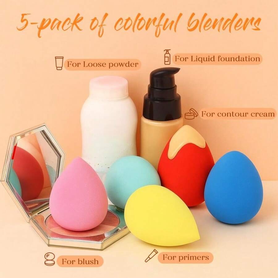 5 Pack Micro Porous Low Absorption Soft Latex Free Makeup Sponge Set, Foundation Beauty Sponges And Blenders - 5 miếng mút xốp nhiều màu - Xem 1