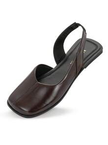 Women's Slingback Flat Shoe, Brown Macerata Style, Square Toe, Elegant, Comfortable, , Ref: R-150 - 咖啡棕 - 查看 4
