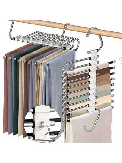 1pc 9-Tier Metal Pants Rack, Non-Slip Stainless Steel S-Shaped Wardrobe Storage Rack With Hooks, Suitable For Leggings And Trousers, Closet Organizer | Sturdy Garment Hanging | Durable Metal Hanger