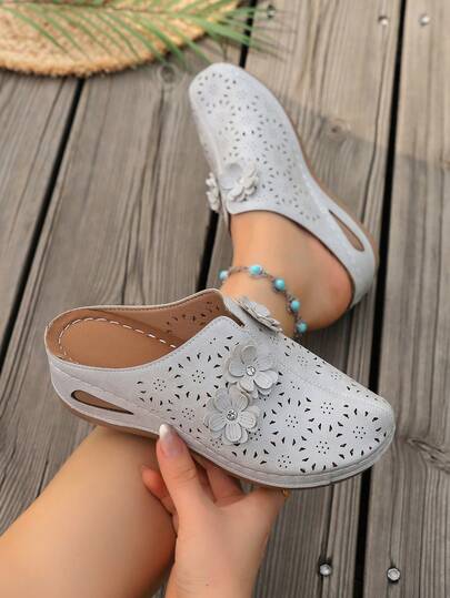 Women's Hollow Flower Chunky Heel Mules, Soft Leather Open Toe Slides In Multiple Colors, Comfortable Casual Summer Slip-On Shoes For Mothers