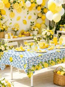 1pc Lemon Theme Tablecloth, Yellow Blue Lemon Floral Disposable Table Cover, Italian Theme Decor Table Cloth, Mediterranean Blue Summer Home Kitchen Dining Table Decor, Summer Party Decoraion, Summer Gifts, Wedding Decoration, Bridal Shower Party Supplies, Outdoor Camping Picnic Decoration Table Runner, Babe Shower Decoration, Room Decoration Table Flag, Home Decoration Table Skirt, Party Favor - Lemon - View 7