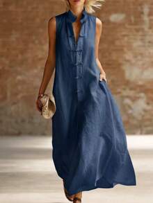 2026 New European And American Fashion Stand Collar Frog Button Loose Linen Cotton Long Dress - Sky Blue - View 2