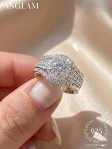 一套优雅的订婚及结婚戒指套装，女士珠宝，925纯银闪亮结婚戒指，精致珠宝，适合女孩生日、舞会等场合的礼物 - 款式1 - 查看 1