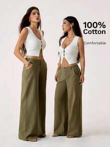 PETITE Pantalones rectos de cintura baja de 100% algodón lavado, pantalones de lino para mujer, pantalones de verano, pantalones anchos de mujer, pantalones de verano, otoño y ropa de otoño para mujer - Verde militar - Ver 7