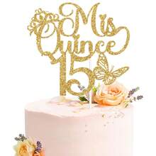 1 pieza Decoración para tarta con brillo, diseño "Hola 15", decoración de tarta de 15 cumpleaños, decoración de fiesta de 15 años - Multicolor - Ver 18
