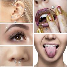 Kit de perforación de acero inoxidable de 14G y 16G para perforación corporal, ombligo, lengua, ceja, pezón, labio, nariz, calibre chi - Plateado - Ver 4