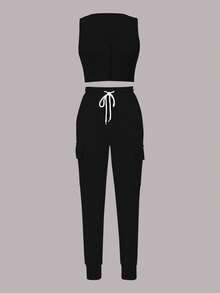 Summer New Women's Casual Comfortable Solid Color Sleeveless Tank Top And Elastic Waist Pocket Long Pants 2 Pieces Set - Black - View 5