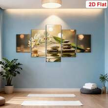 5 piezas de póster enmarcado, pintura en lienzo de orquídea zen y piedra, decoración enmarcada de madera para relajación, regalo del Día de la Madre, adecuado para la sala de estar, el estudio de yoga, el spa, el baño - perfecto para el rincón de meditación y los regalos festivos, decoración del hogar zen - Multicolor - Ver 4