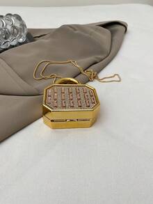 1个新款迷你金属小包，电镀银色零钱包，闪亮前卫金属不对称水钻手提包，钻石闪耀链条斜挎包，不对称手提包，配件收纳袋，优雅零钱包，耳机盒，婚礼配饰 - 香檳色 - 查看 8