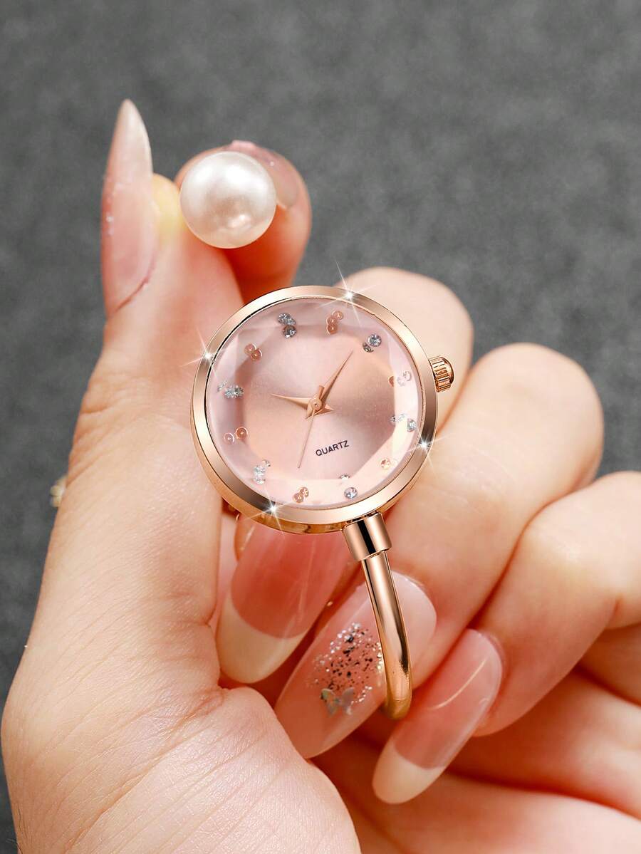 1pc Women's Gift Watch, Delicate Compact Minimalist Rhinestone Dial, Versatile Ladies Quartz Wrist Watch, Pearl Bracelet Design, Excluding Watch Box - Rose Gold - View 1