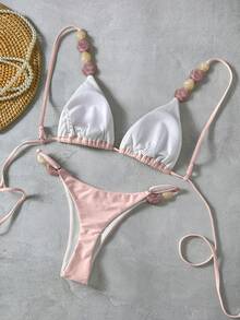 Bộ bikini dây đeo đính hạt thanh lịch dành cho nữ, thiết kế buộc dây phía sau tạo vẻ ngoài thời trang, màu hồng, thích hợp cho kỳ nghỉ. - Hồng - Xem 8