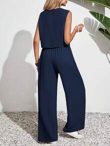 Women's Casual Minimalist Solid Color V-Neck Sleeveless Top And Pants Set Summer - Royal Blue - View 2