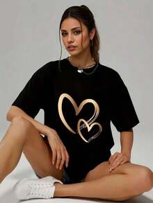 Women's T-Shirt Style With Gradient Heart Print - Black - View 7