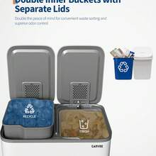 Papelera de cocina doble de acero inoxidable - Cubo de basura y reciclaje de doble compartimento de 16 galones con pedal - Tapa de cierre suave, cubos interiores de PP extraíbles, borde para bolsa - Gran capacidad - Color blanco grisáceo - gris - Ver 2