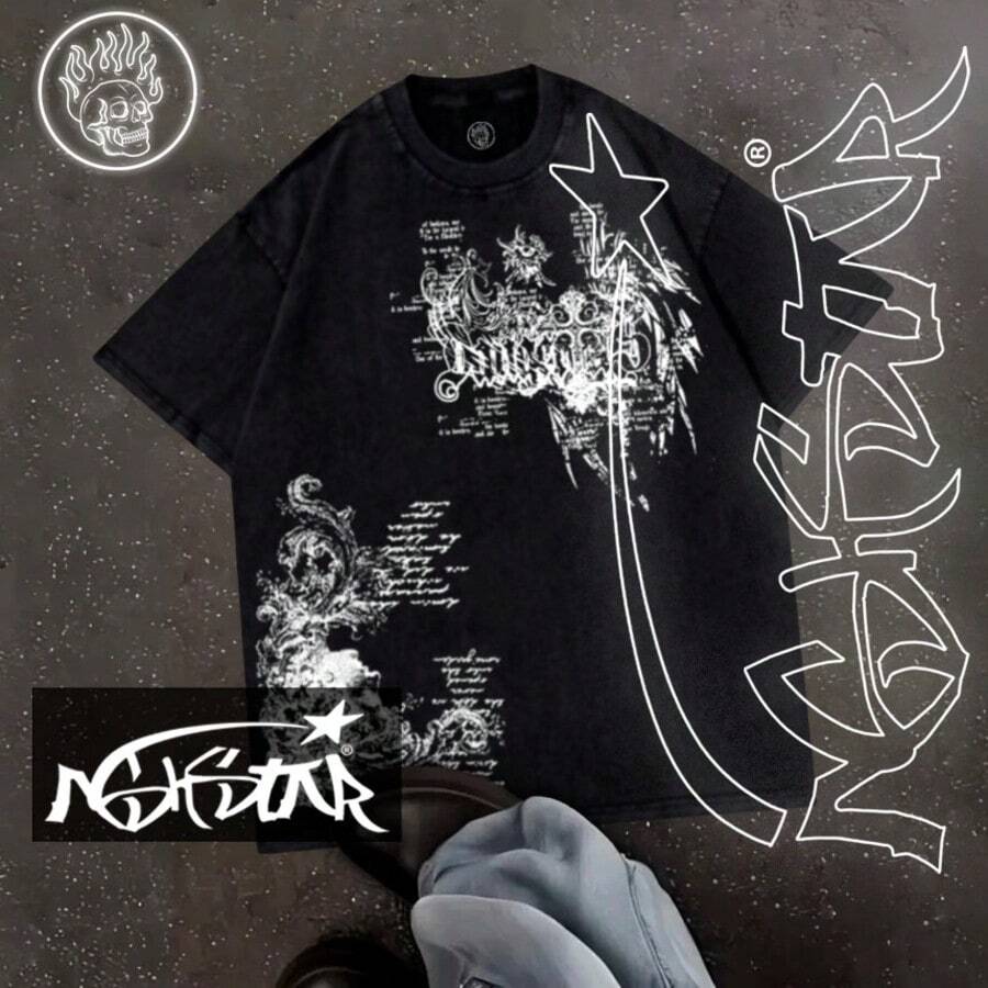 Premium 100% Cotton T-Shirt ASHSTAR "Gothic Y2K" - 黑色 - 查看 1
