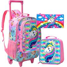 Set de 3 piezas Mochila con ruedas con estampado de unicornio con lentejuelas para niñas, mochila escolar rosa linda de dibujos animados para escuela primaria - Rosa - Ver 10