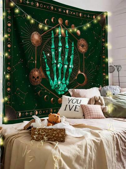 1 pezzo Arazzo da parete tessitura a mano con teschio verde smeraldo, decorazione per la casa, arazzo da appendere, bandiera per stanza, decorazione per stanza, opera d'arte da parete, articoli per la casa, striscione per stanza, decorazione per la casa, arazzo da appendere, tappeto da parete, decorazione da parete