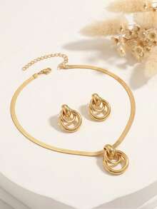 3pcs Elegant Autumn/Winter Jewelry Set: Geometric Double-Ring Pendant Necklace With Flat Snake Chain & Round Snake Chain Layered Choker, Fashionable Minimalist Metal Style, Suitable For Casual, Vacation, Exquisite & Versatile Accessory - Yellow Gold - View 4