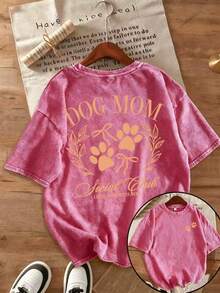 1pcs Women's Vintage Washed Soft Anime & Dog Mom Graphic T-Shirt,Paw Print & Social Lettering, Pet Lover Top-Back To School Shirt - 玫紅色 - 查看 6
