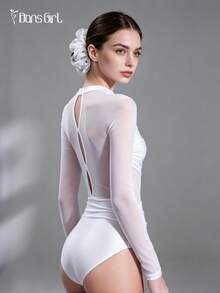 DonsGirl 1 bộ áo liền quần ba lê bất đối xứng dành cho nữ - Chất liệu Lycra đính sequin và vải lưới với thiết kế xếp ly, bộ jumpsuit đa năng. - trắng - Xem 11