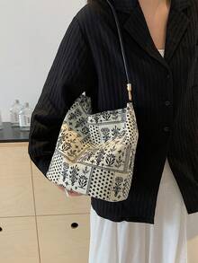 New Ditsy Floral Large Capacity Bucket Bag, Unique Design, Fashionable And Versatile Shoulder Bag - Beige - View 7
