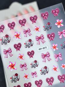 1pc Sweet Valentine's Day Nail Stickers, Lovely Heart & Bow Nail Art Decals, Gradient Flower & Letter Nail Sliders, Glitter Surface, Irregular Shape, Perfect Gift For Women Holiday Party - Multicolor - View 5
