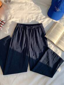 Navy Blue Elastic Waist Drawstring Casual Pants, Women's Lightweight Breathable Loose Flowy Wide Leg Trousers For Summer - Navy Blue - View 5