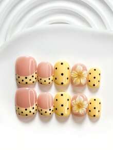 10Pcs Retro Energetic Style Handmade Press On Nail,Polygel Nail Set,Small Golden Steel Ball,Pink,Black,Yellow,White Nail Polish,Dreamy Girly Style,Includes Nail Tools,3 Sizes Available,Square,Short Square,Almond,Nails For Party,Dance,Daily Wear. - 彩色 - 查看 14