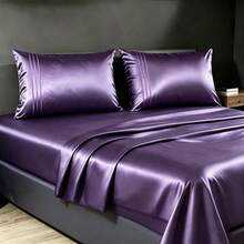 4pcs/Set 80gsm Luxury Colorful Embroidered Bedding Set, 1 Fitted Sheet (30cm Deep Pocket), 1 Flat Sheet, 2 Embroidered Pillowcases. Premium Solid Color Cooling Pillowcases Recommended For Spring/Summer, Replaceable, Breathable And Washable, Multiple Colors Available, Minimalist Solid Color Design, Made Of Icy Silk Fiber Fabric For Cooling Effect, Suitable For Single Or Double Bed - Purple - View 3