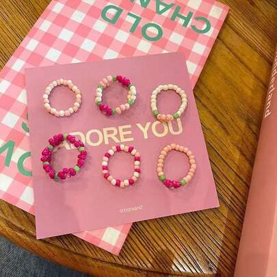 3 chiếc nhẫn đính hạt hình hoa hồng màu hồng, nhẫn hạt cúc tinh tế, làm thủ công theo phong cách Hàn Quốc, hàng mới về mùa xuân/hè 2026.