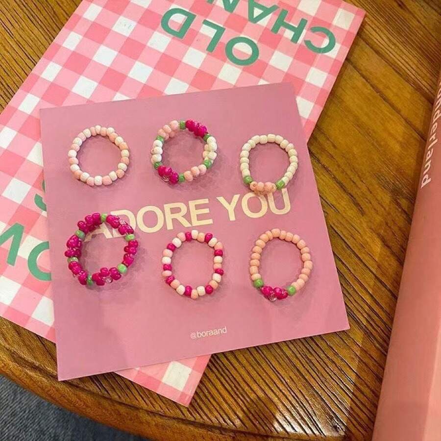 3 chiếc nhẫn đính hạt hình hoa hồng màu hồng, nhẫn hạt cúc tinh tế, làm thủ công theo phong cách Hàn Quốc, hàng mới về mùa xuân/hè 2026. - Xem 1