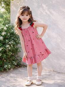 Vestido de tirantes con estampado de cuadros de cereza para niñas, vestido de verano fresco y dulce con volantes en el bajo, vestido de princesa con estilo de resort para niñas jóvenes - Rojo - Ver 3