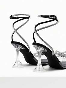 Women 2026 Wide-Fit Lace-Up High Heeled Sandals Fashion Bow Knot Embellished Peep Toe Transparent Heel Party Wedding Prom Dress Shoes - 黑色 - 查看 7