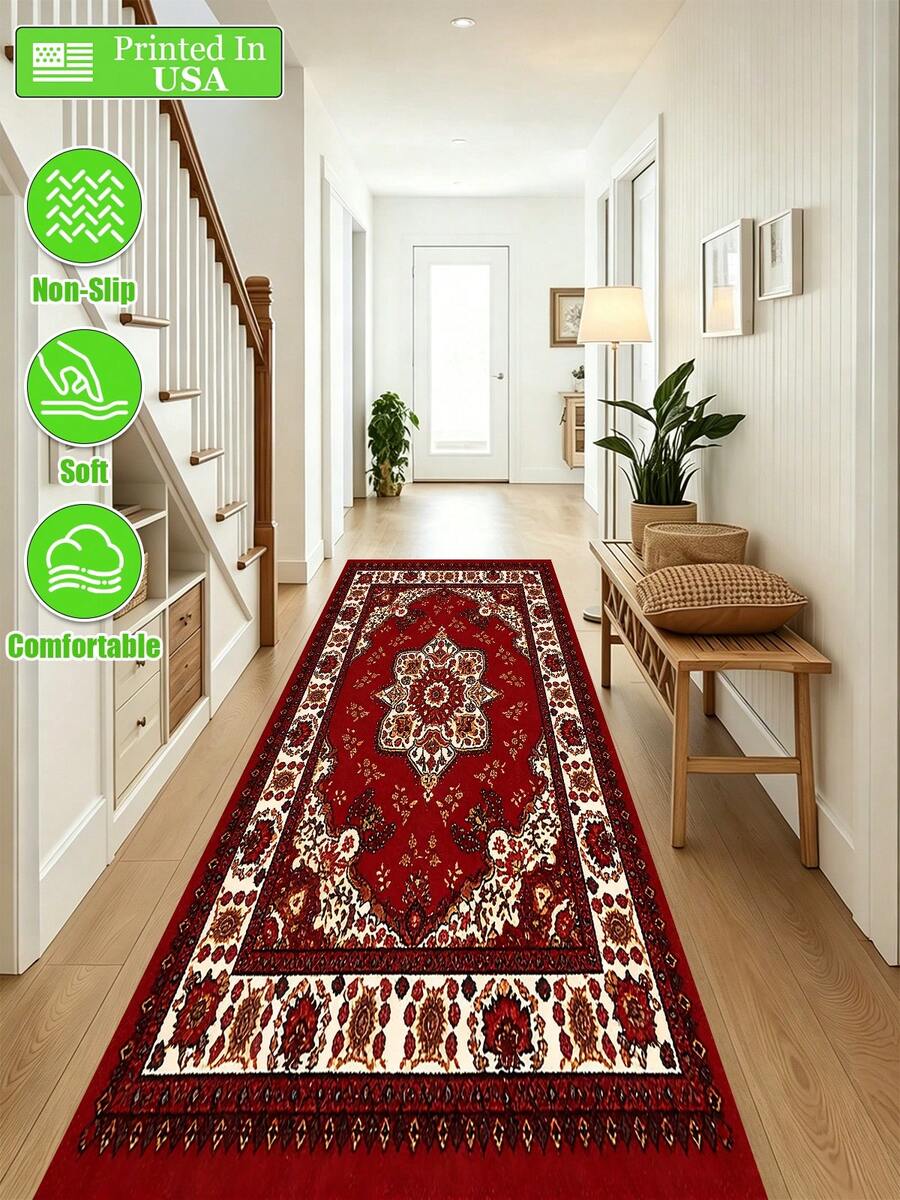 Red Traditional Persian Medallion Floral Border Pattern Floor Mat, Kitchen Floor Mat Local Printed Entrance Door Mat Bathroom Mat,Runner Rugs Aisle RunnersBath Mats Passage Floor Mat Kitchen Carpets, Laundry Room Decorations, Balcony Carpets, Comfortable Standing Mat Home Decorations Gift Non-Slip Polyester Doormats,Party Daily Door Mats Anniversary Party Holiday Valentine's Day Wedding Anniversary Easter Mother's Day Graduation Father's Day Birthdays Anniversaries Thanksgiving, Christmas, Halloween, Bathroom Entrance Mat ,Decorative Gift,Suitable For Coffee Machine,Coffee Pot,Faucet Splash Guard And Drain Mat,Counter Tableware Drying Pad,Washable Floor Kitchen,Bathroom,Hides Stains,Super Absorbent,Kitchen Drying Mat,Suitable For Dining Table,Coffee Bar Outdoor Door Mats,Absorbent Mats,Easy Clean Mats,Dish Drying Mat,Countertop,Protector,Rugs For Living Room  Home Decor Room Deocr Bedroom Deccor Outdoor Decor - 彩色 - 查看 1