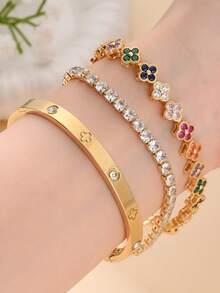 3pcs Luxury Stainless Steel Four-Leaf Clover Bracelet Set With 18K Cubic Zirconia, Suitable For Wedding, Party And Daily Wear - Yellow Gold - View 8