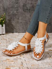 Women's Elegant Floral Decor Shoes, Cute Open Toe Design, Summer Fairy Tale Style Vacation Sandals. Runs Small One Size - White - View 6
