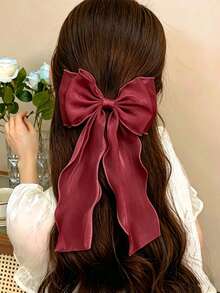 1pc Sweet Wine Red Princess Tulle Extra Large Bow Wave Ribbon Spring Clip, Elegant Soft Headpiece Hair Accessory For Spring,Hair Clip,Birthday - Burgundy - View 3