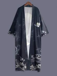 时尚薄款和服罩衫，仙鹤数码印花，适合春夏穿着，男女皆宜，休闲复古风，沙滩度假罩衫。 - 黑色 - 查看 2
