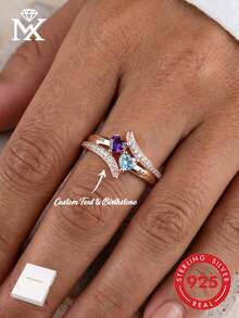 Anillo de plata de ley 925 personalizado, incrustado con tu piedra natal y grabado con tu nombre en inglés. Nombre grabado con láser, anillo de promesa con piedra natal con forma de corazón, anillo con nombre de pareja grabado, regalo de Navidad, joyería hecha a mano. - Multicolor - Ver 1