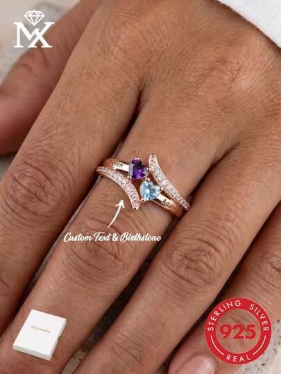 Anillo de plata de ley 925 personalizado, incrustado con tu piedra natal y grabado con tu nombre en inglés. Nombre grabado con láser, anillo de promesa con piedra natal con forma de corazón, anillo con nombre de pareja grabado, regalo de Navidad, joyería hecha a mano.