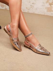 女士香槟金金属编织尖头露跟平底凉鞋，踝扣休闲鞋 - 香檳色 - 查看 3